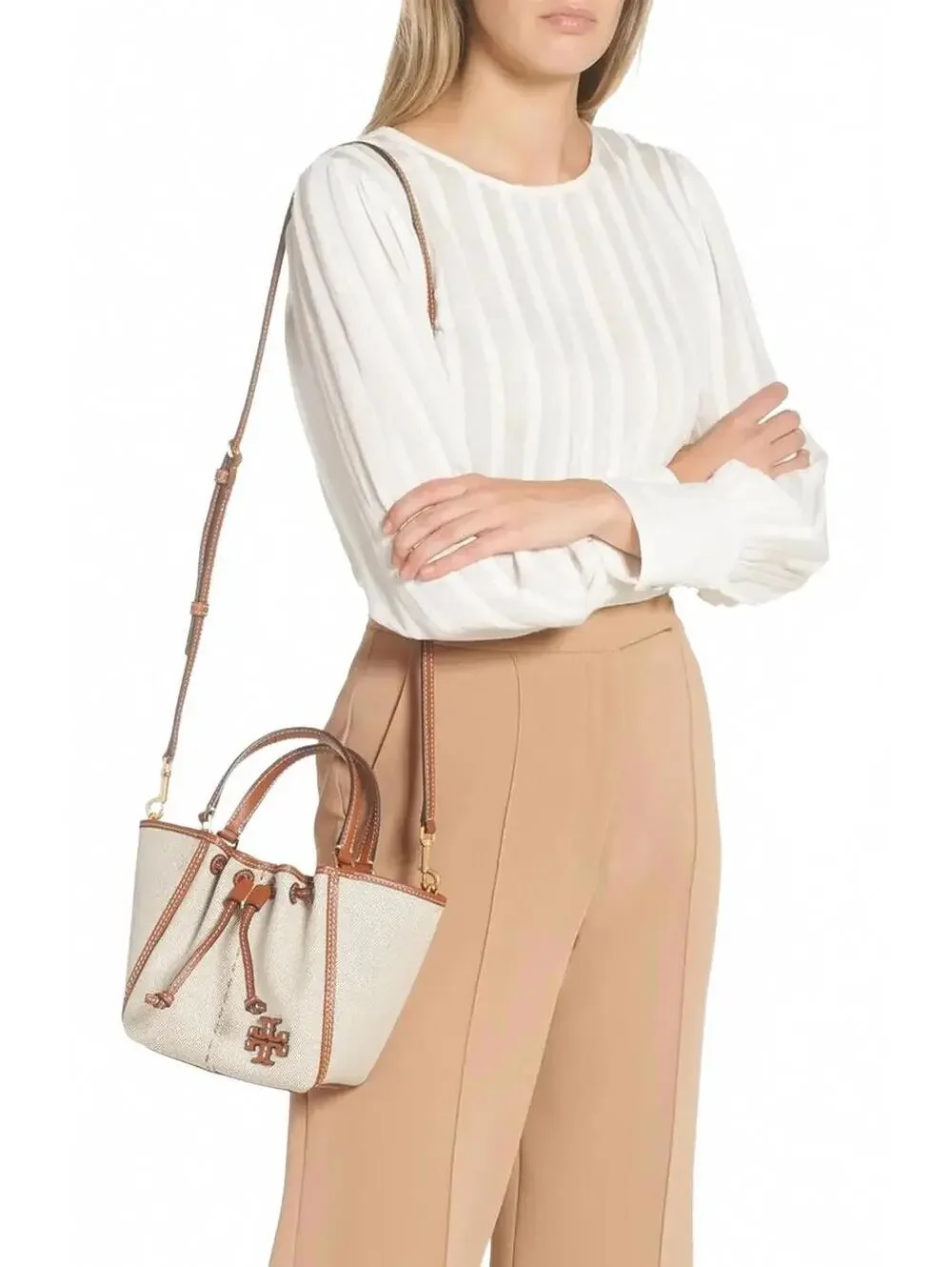 Tory Burch McGraw Mini Canvas Drawstring Satchel Crossbody Bag Natural Brown